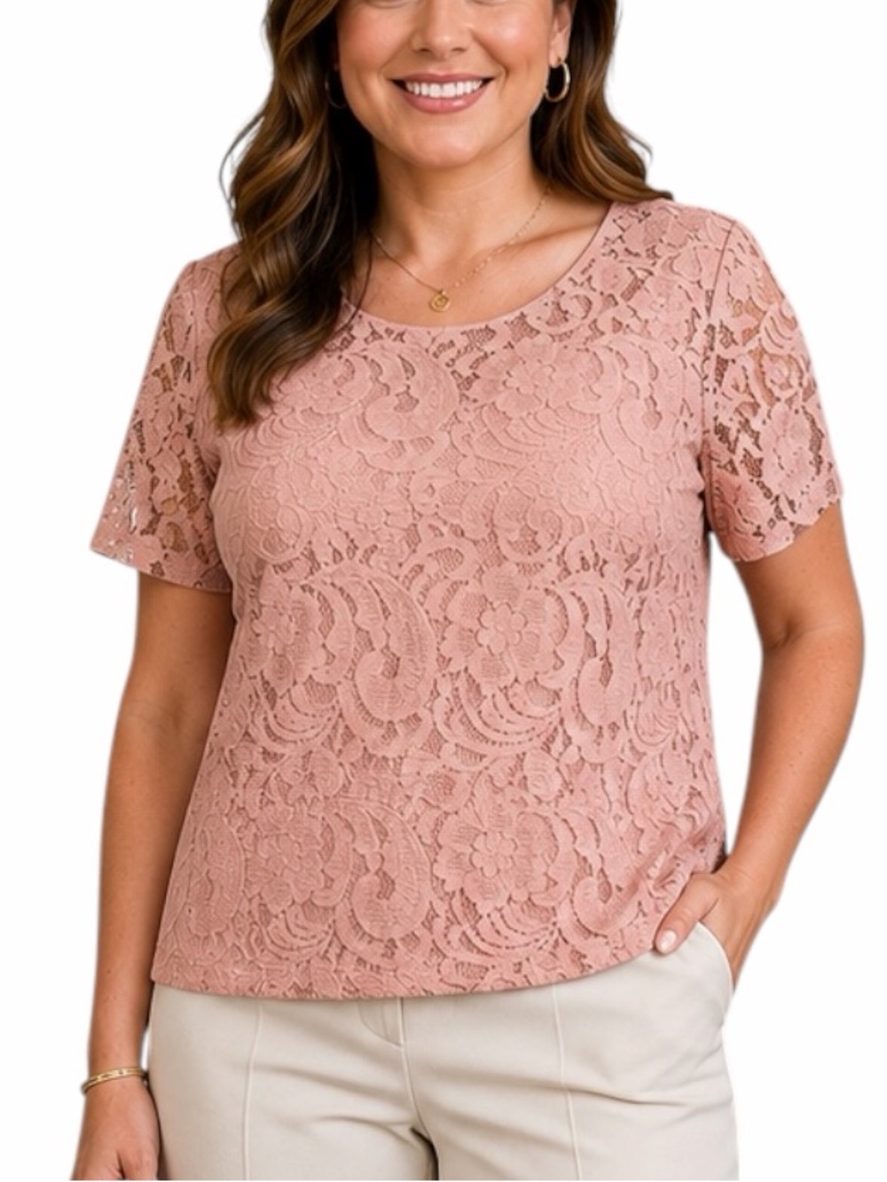 Liz Claiborne Career Woman Lace Blouse Size 1X Floral Short Sleeve Dusty Pink